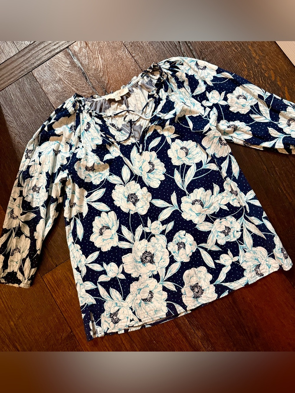 LOFT Navy Blue Floral Tie-Front Blouse